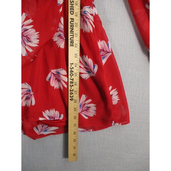 Express Red Floral Chiffon Long Sleeve Romper Surplice Wrap Tie Waist Womens M - Picture 11 of 14